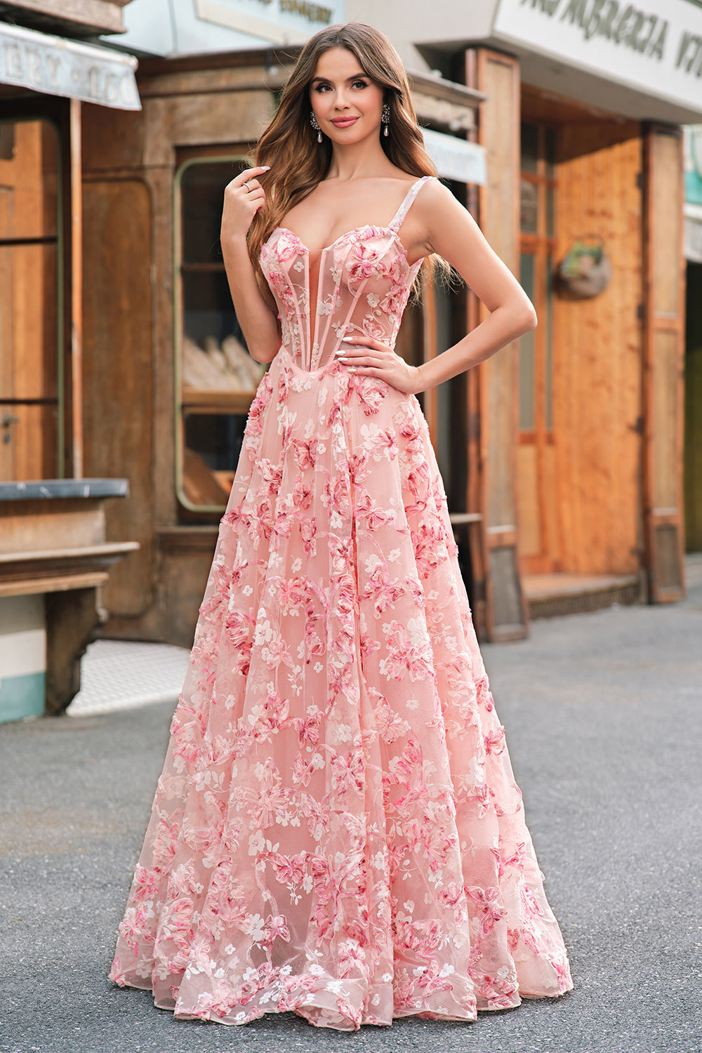 Pink Off The Shoulder A-Line Corset 3D Butterflies Floral Ball Dress with Slit