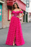 Fuchsia Tiered A-Line Off the Shoulder Long Corset Ball Dress with Beading