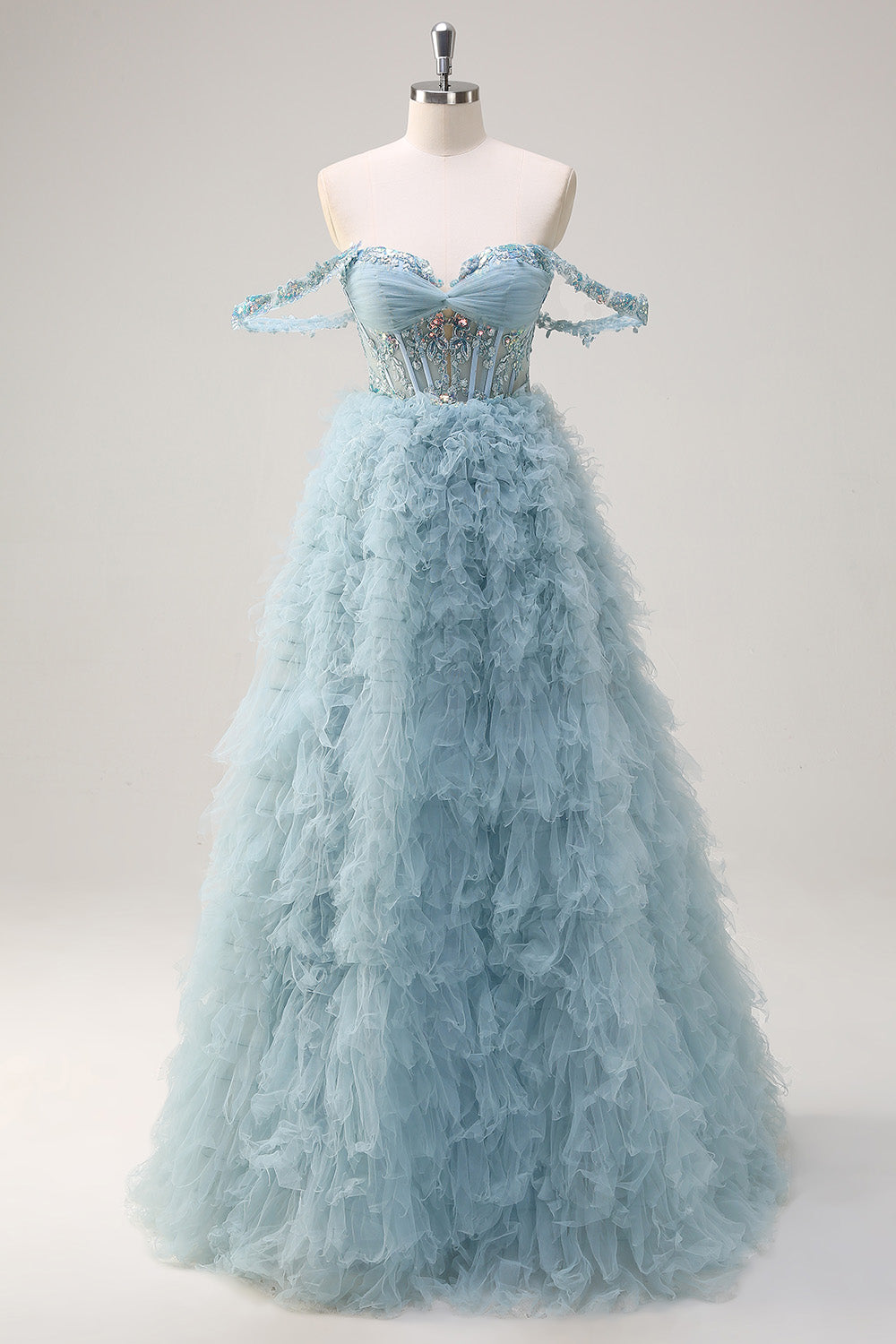 Dusty Blue Princess Off the Shoulder Sheer Corset Long Prom Dress with Ruffles
