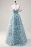 Dusty Blue Princess Off the Shoulder Sheer Corset Long Prom Dress with Ruffles