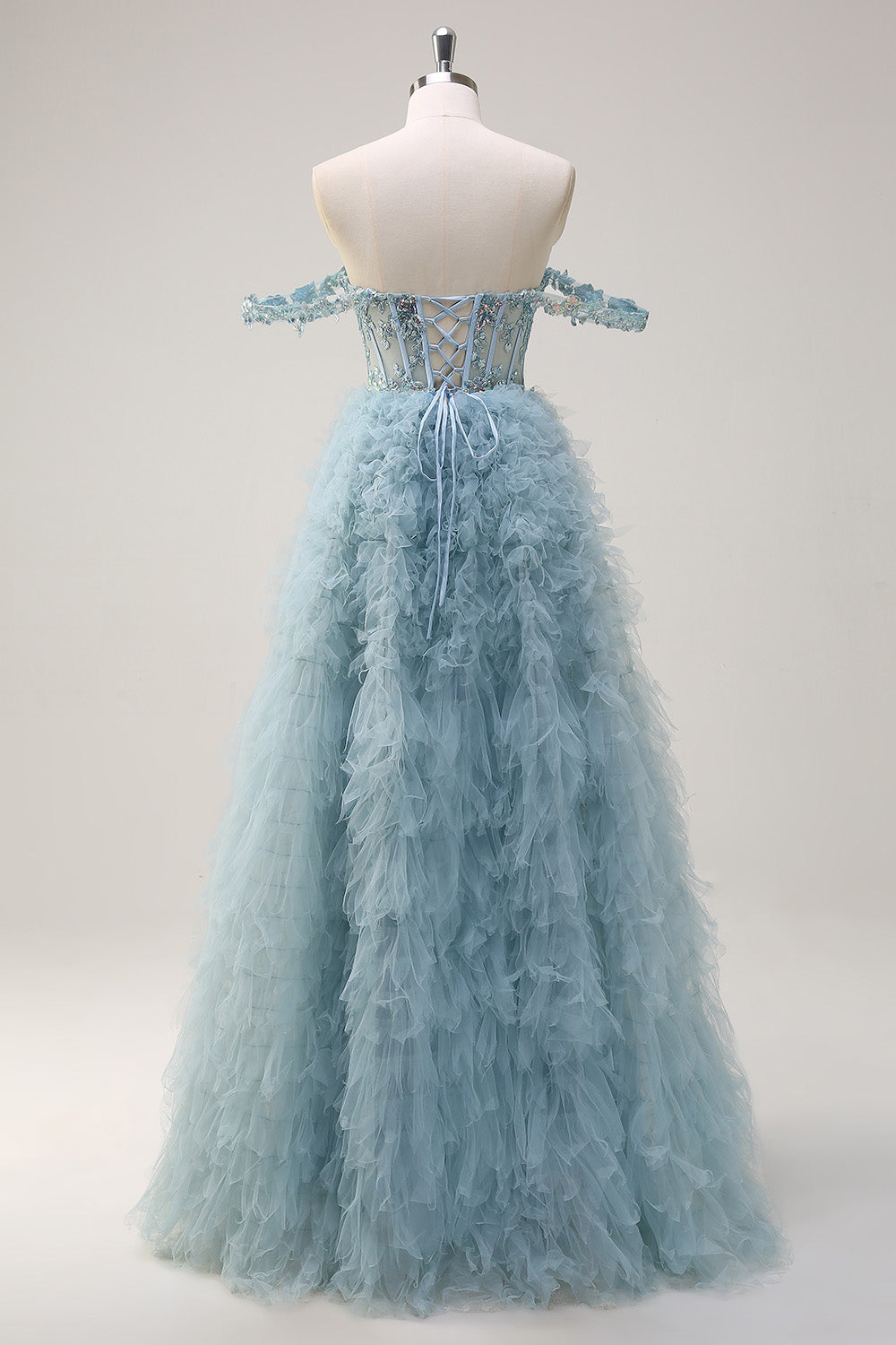 Dusty Blue Princess Off the Shoulder Sheer Corset Long Prom Dress with Ruffles