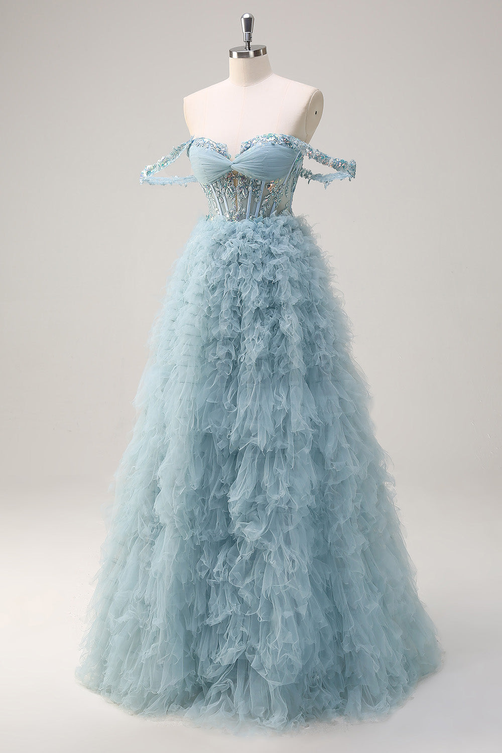 Dusty Blue Princess Off the Shoulder Sheer Corset Long Prom Dress with Ruffles
