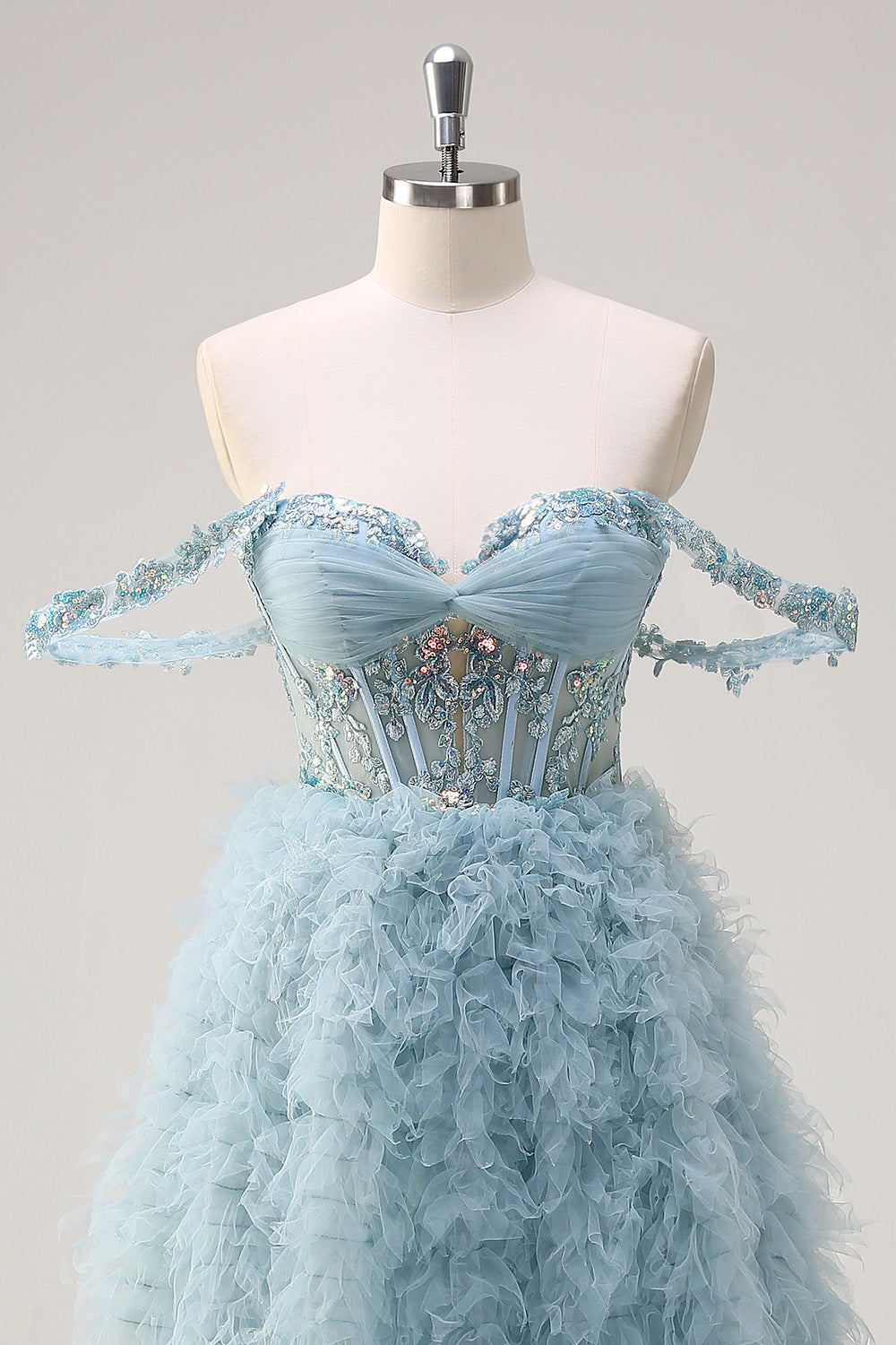 Dusty Blue Princess Off the Shoulder Sheer Corset Long Prom Dress with Ruffles