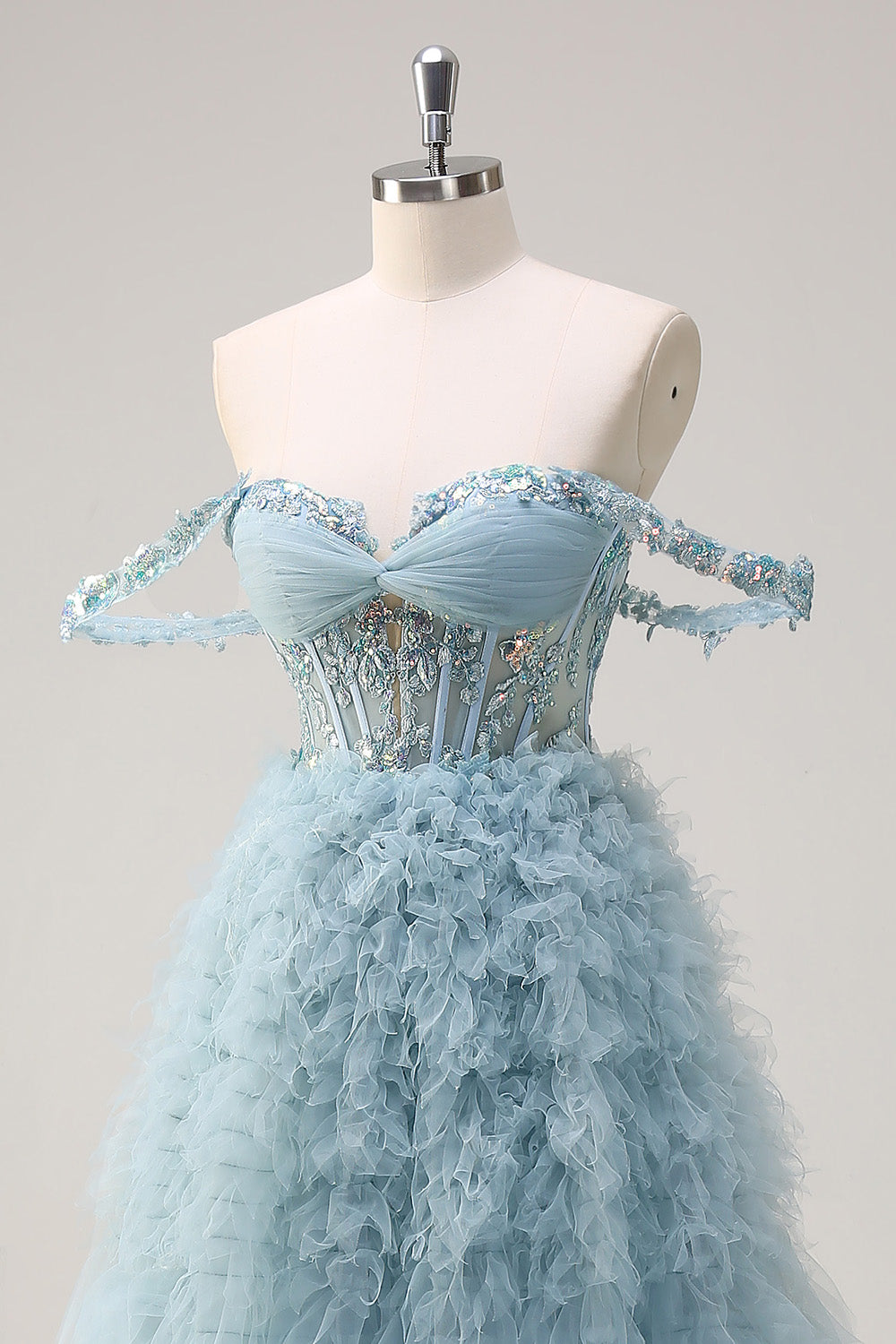Dusty Blue Princess Off the Shoulder Sheer Corset Long Prom Dress with Ruffles
