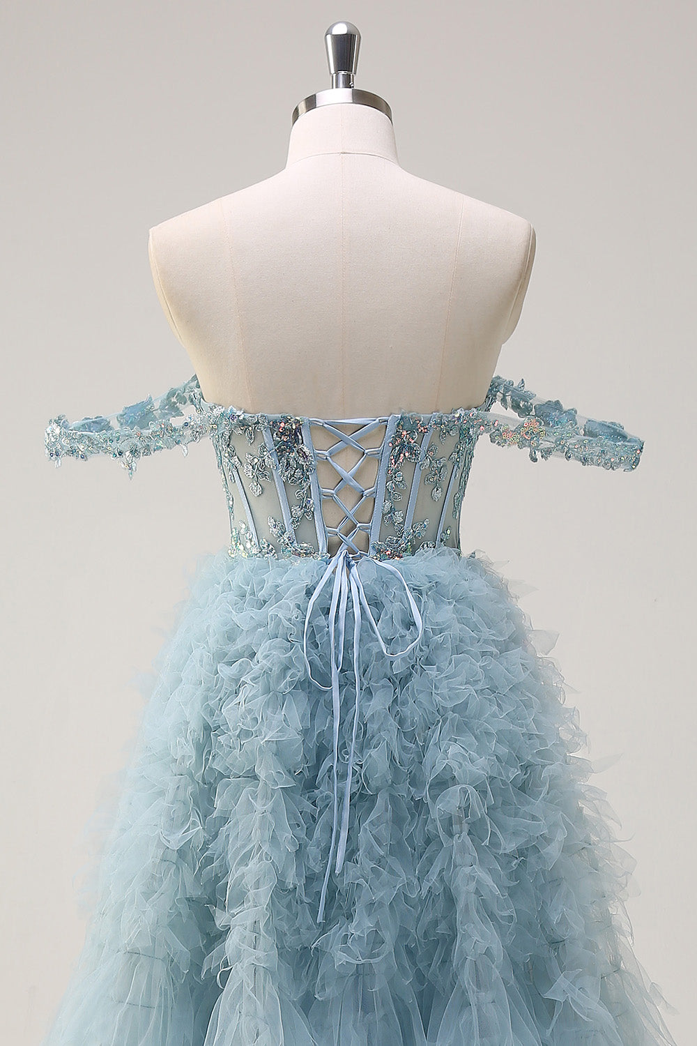 Dusty Blue Princess Off the Shoulder Sheer Corset Long Prom Dress with Ruffles
