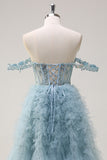 Dusty Blue Princess Off the Shoulder Sheer Corset Long Prom Dress with Ruffles