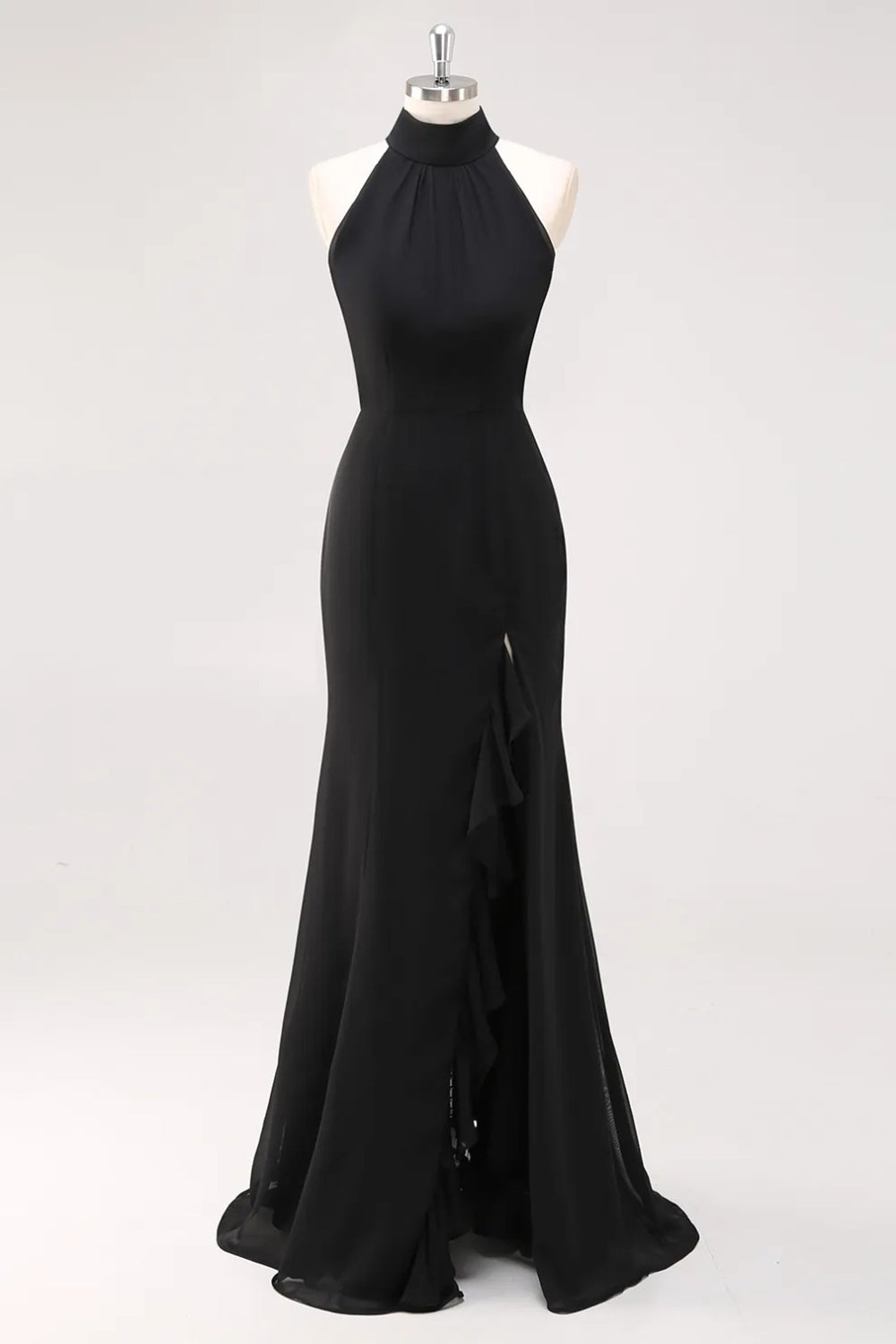 Black Halter Neck Ruffles Mermaid Long Formal Dress