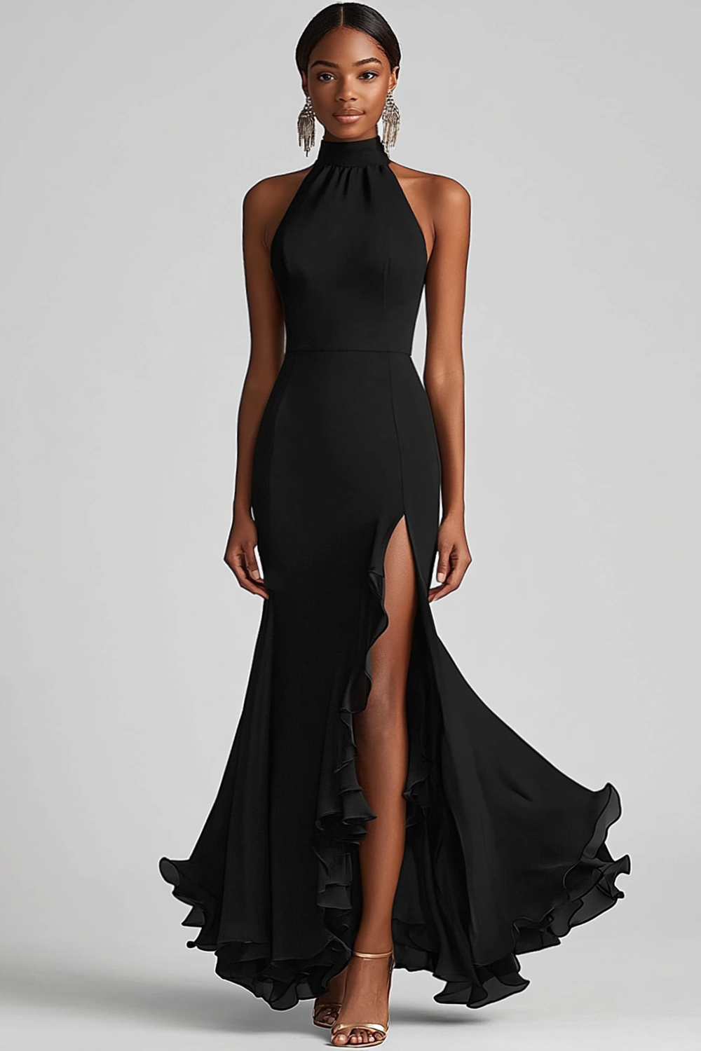 Black Halter Neck Ruffles Mermaid Long Formal Dress
