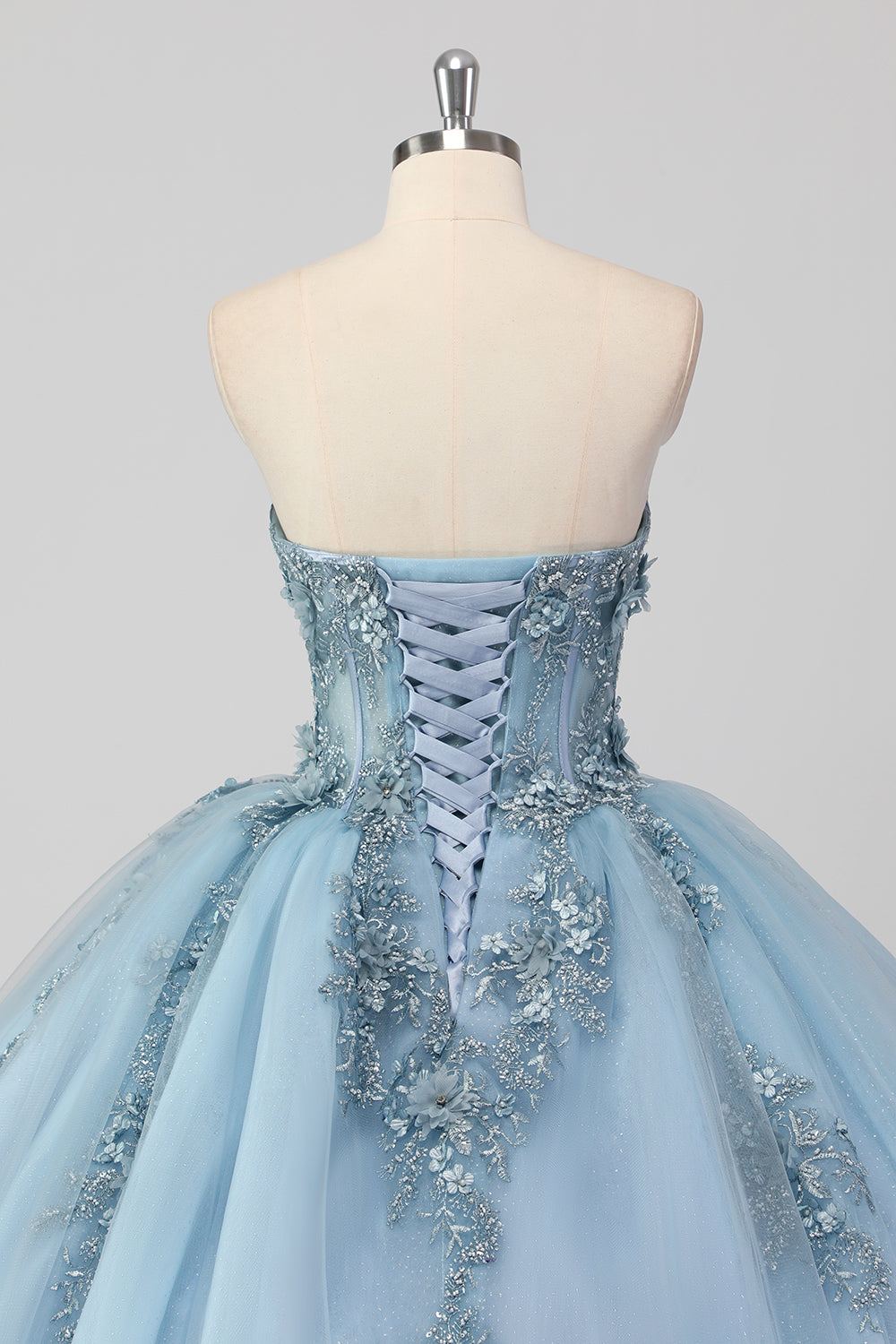 Princess Grey Blue Strapless Tulle Quinceanera Dress with Appliques