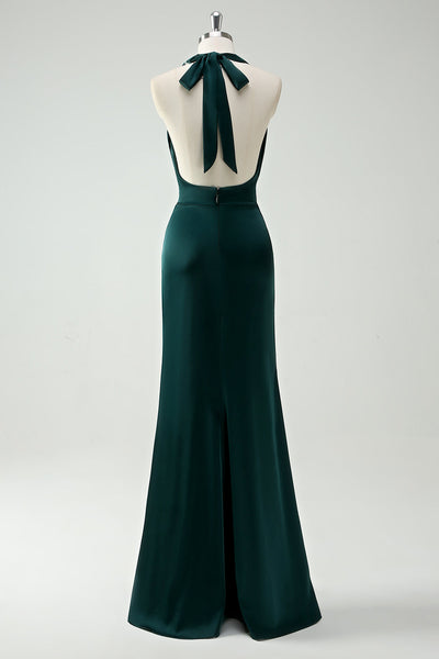 Zapaka Women Halter Neck Pine Green Bridesmaid Dress Mermaid Long Wedding Party Dress with Slit ZAPAKA NZ Zapaka Women Halter Neck Pine Green Bridesmaid Dress Mermaid Long Wedding Party Dress with Slit ZAPAKA NZ