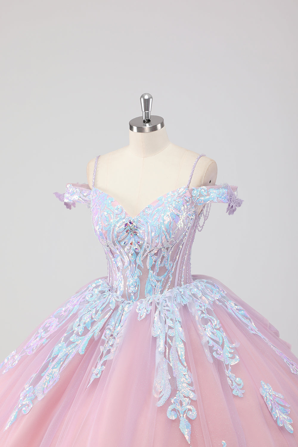 Princess Blush Pink Off the Shoulder Sequined Rhinestones Tulle Quinceanera Dress with Bow