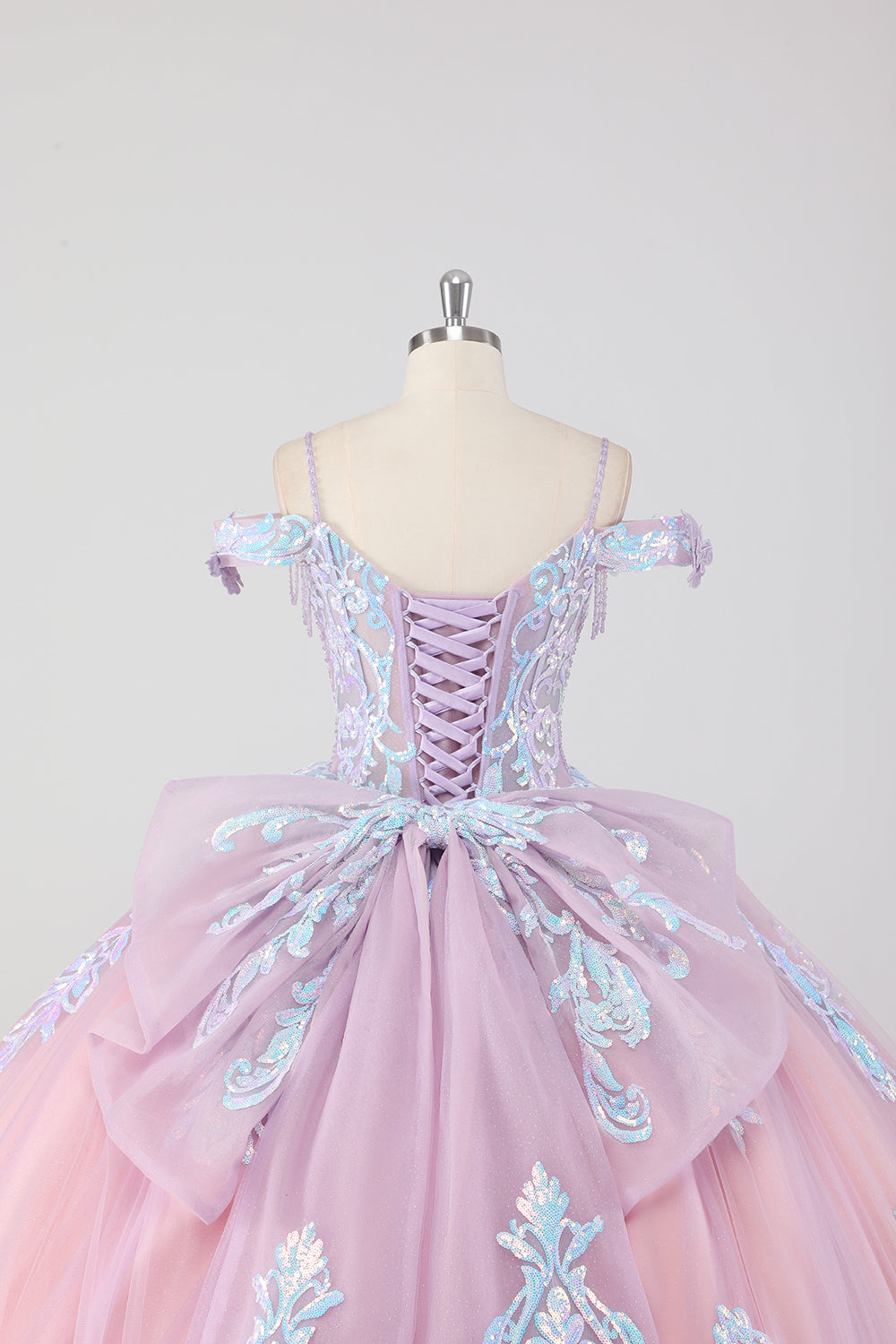 Princess Blush Pink Off the Shoulder Sequined Rhinestones Tulle Quinceanera Dress with Bow