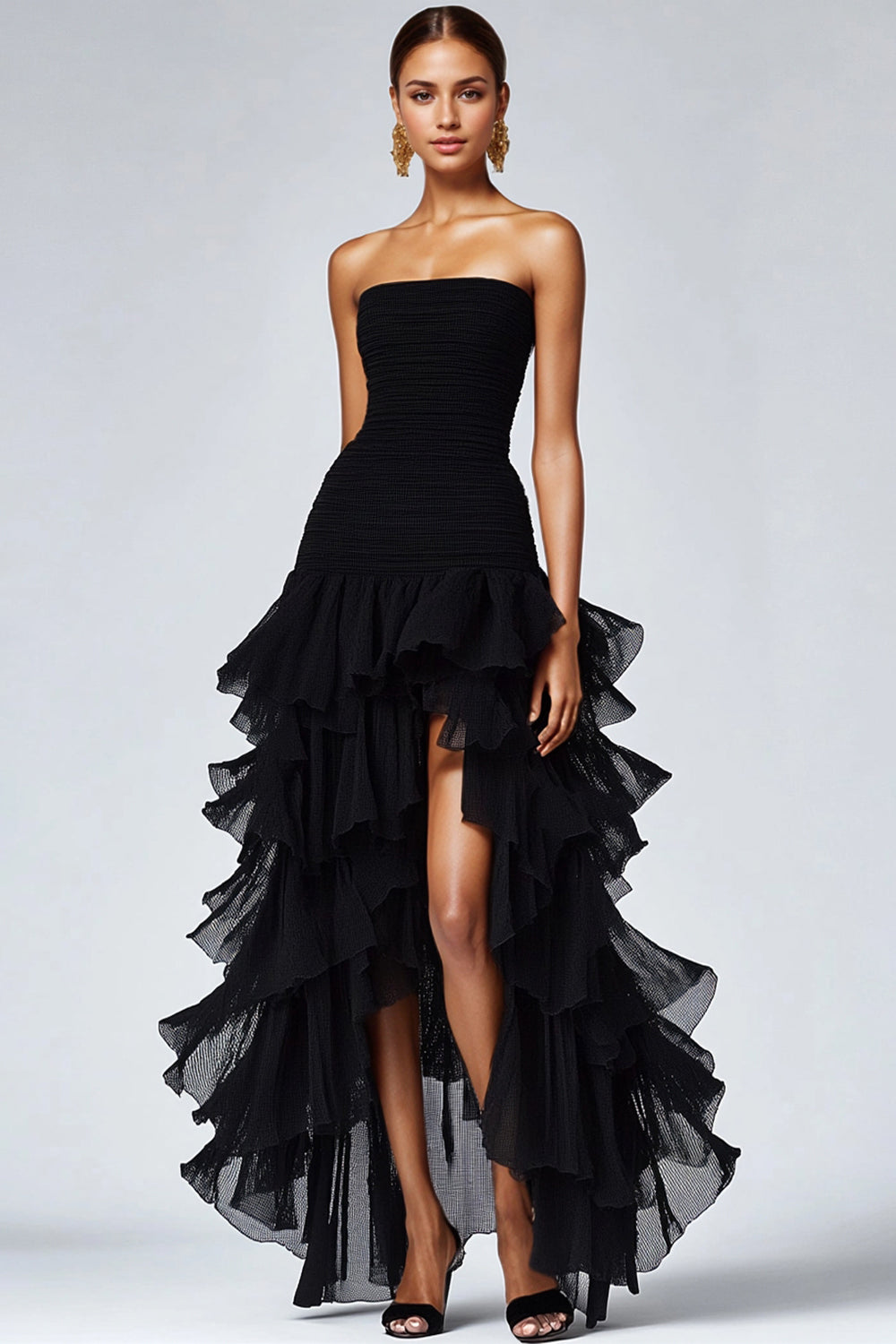 Strapless Black Tiered Ruffles Tulle Formal Dress