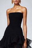 Strapless Black Tiered Ruffles Tulle Formal Dress