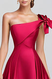 Fuchsia A Line One Shoulder Bow Satin Long Formal Dress