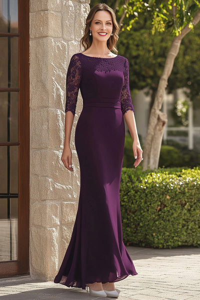 purple lace mother of the bride dress Zapaka Women Dark Chiffon Square Neck Mermaid Slit 3/4 Sleeves Formal Dress – ZAPAKA NZ 12.13.24 drop White Linen Dress – Available Colours Color:as photo 4