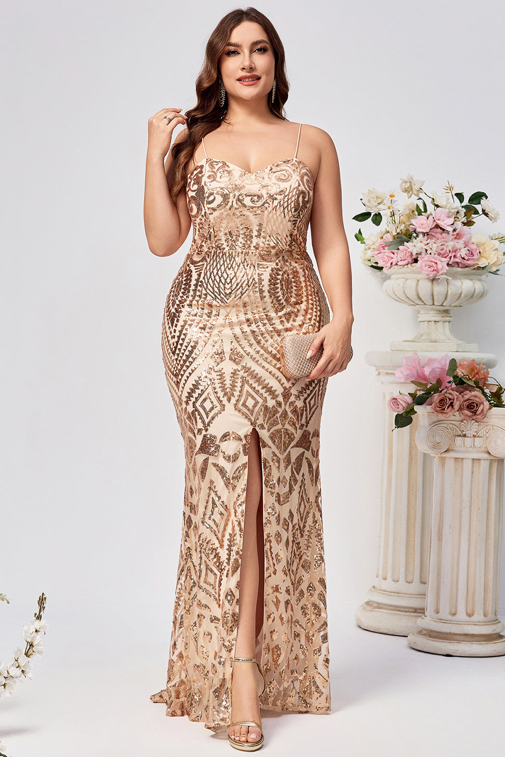 Sparkly Plus Size Golden Mermaid Sequin Embroidered Long Ball Dress with Split