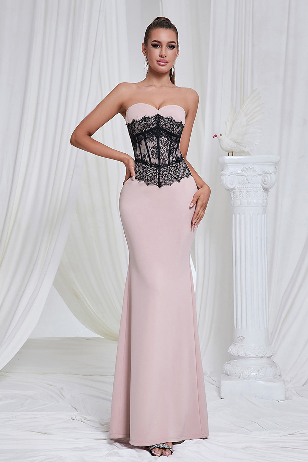 Mermaid Pink Strapless Lace Long Ball Dress