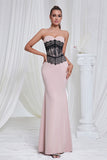 Mermaid Pink Strapless Lace Long Ball Dress