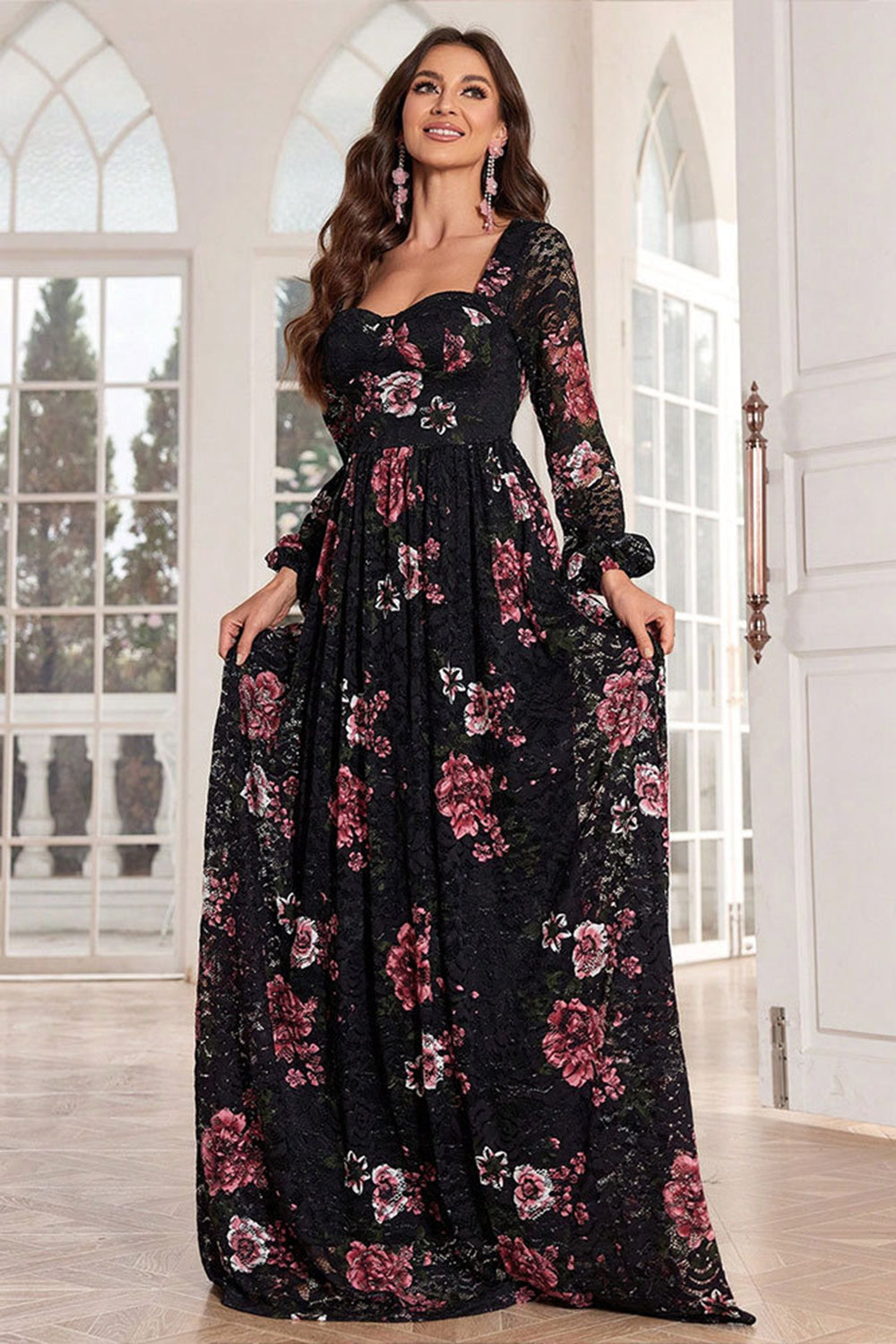 A Line Long Sleeves Floral Print Black Long Ball Dress