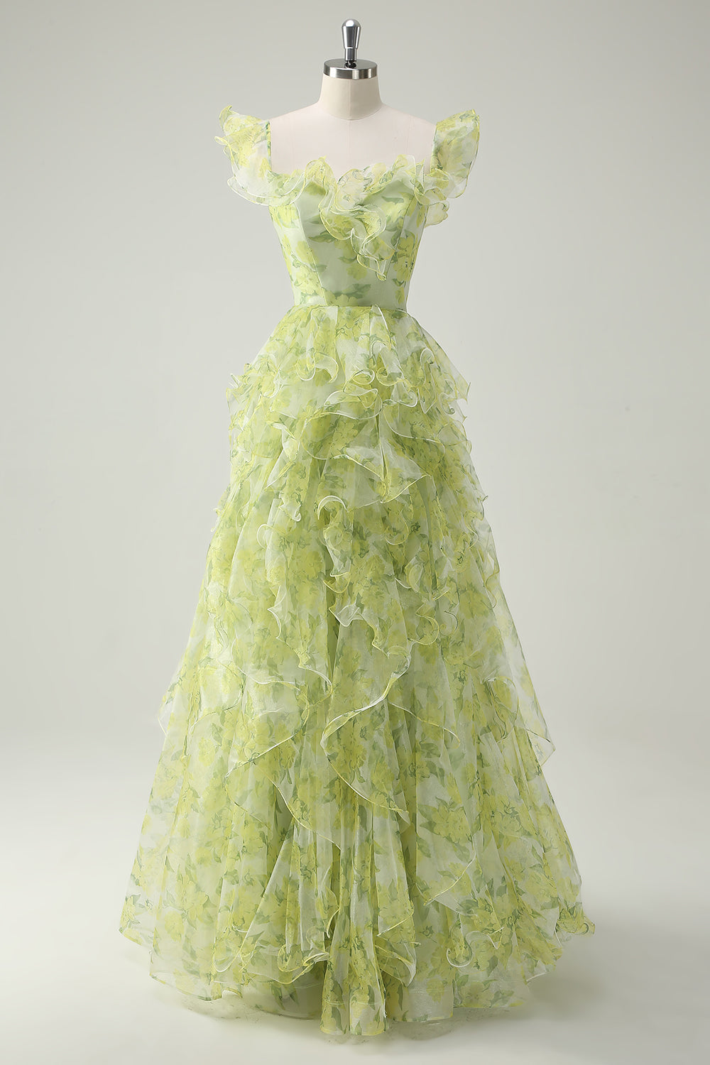 Dusty Sage Floral Ruffled A-Line Square Neck Long Ball Dress