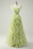 Dusty Sage Floral Ruffled A-Line Square Neck Long Ball Dress
