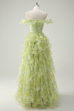 Dusty Sage Floral Ruffled A-Line Square Neck Long Ball Dress
