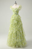 Dusty Sage Floral Ruffled A-Line Square Neck Long Ball Dress