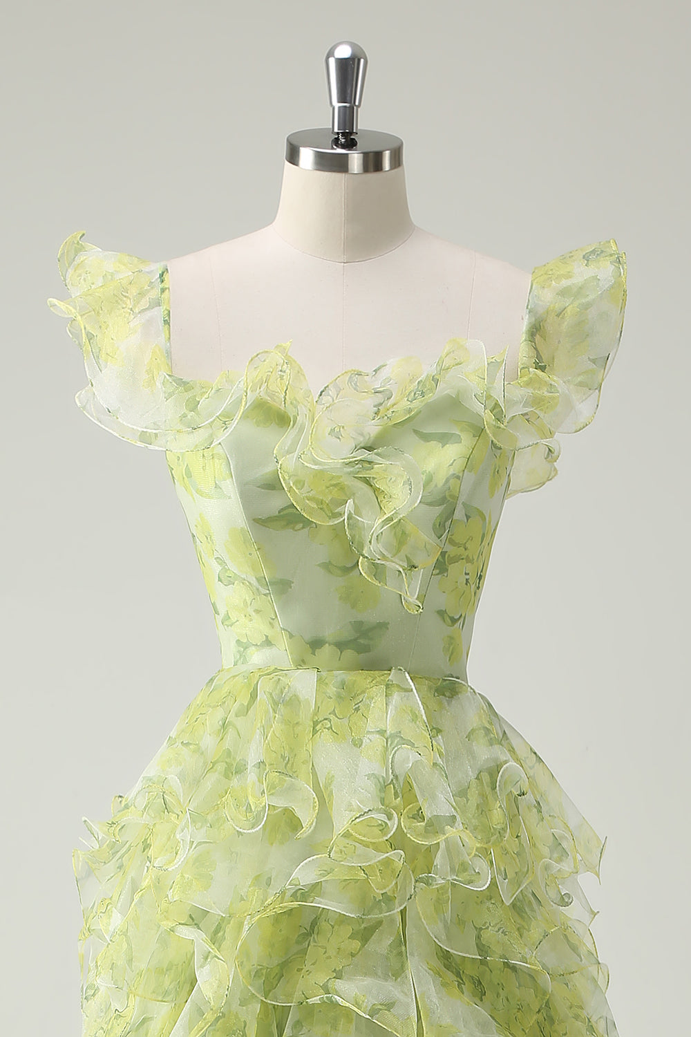 Dusty Sage Floral Ruffled A-Line Square Neck Long Ball Dress