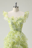 Dusty Sage Floral Ruffled A-Line Square Neck Long Ball Dress