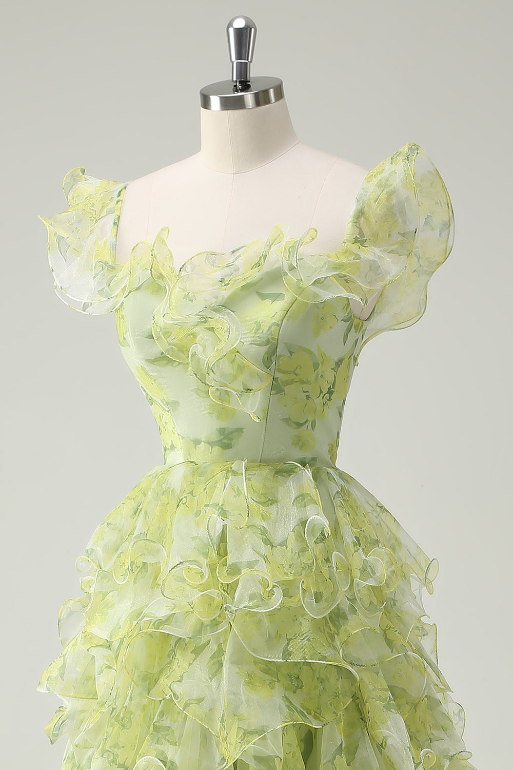 Dusty Sage Floral Ruffled A-Line Square Neck Long Ball Dress