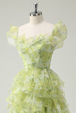 Dusty Sage Floral Ruffled A-Line Square Neck Long Ball Dress