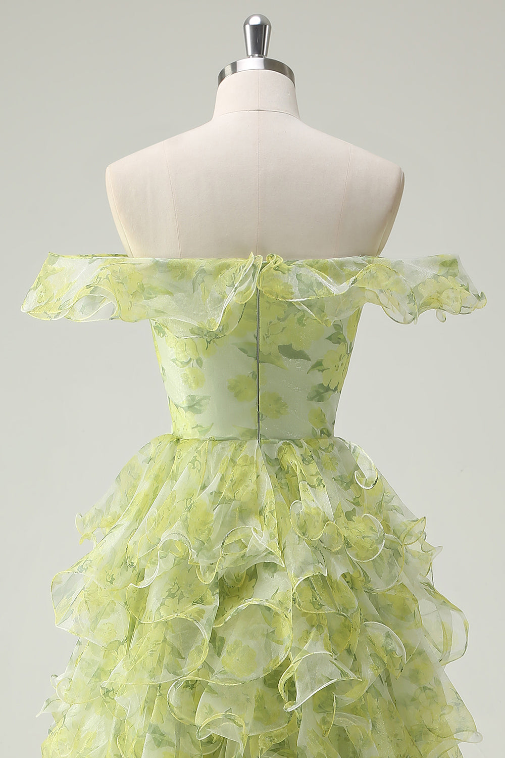 Dusty Sage Floral Ruffled A-Line Square Neck Long Ball Dress