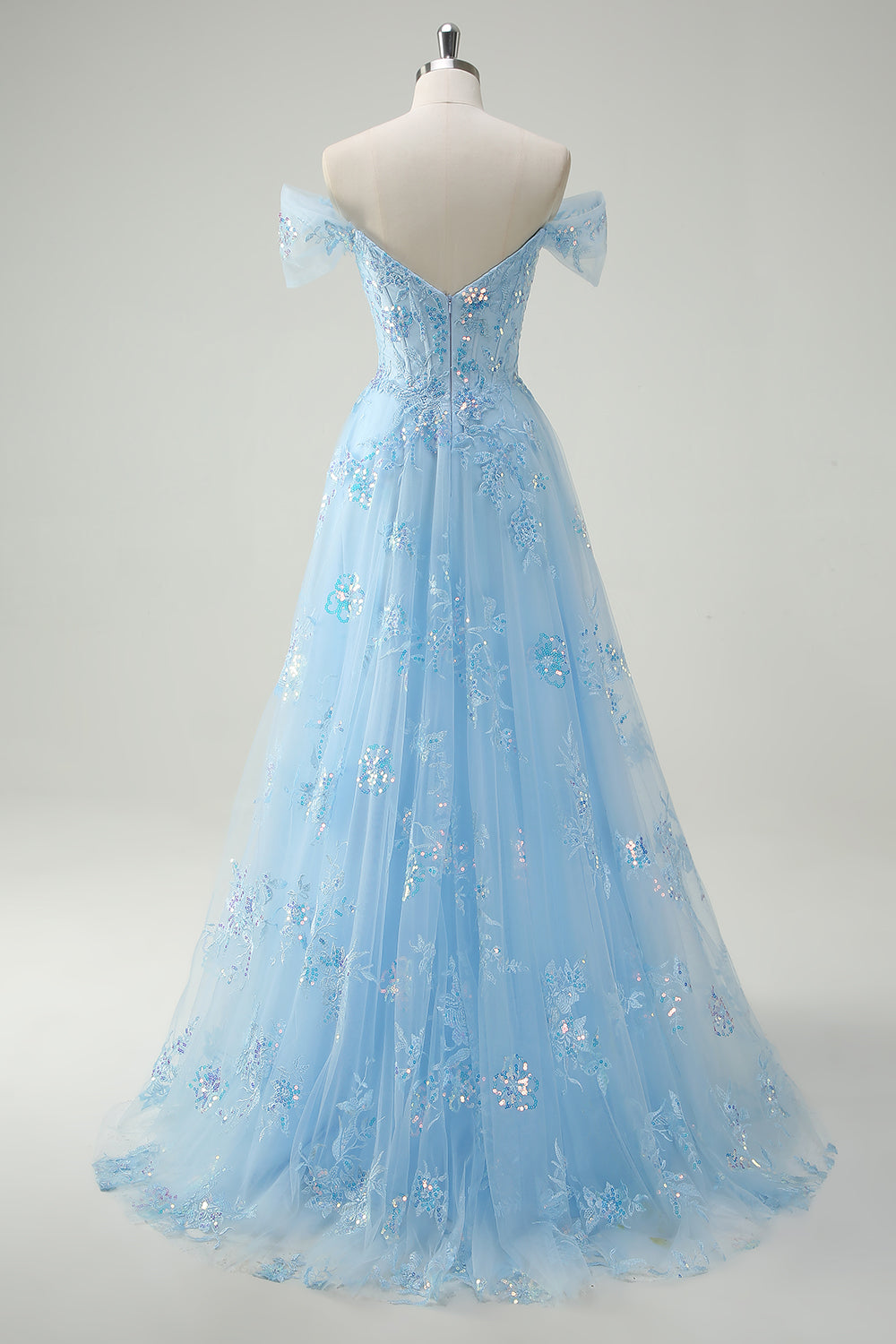 Sparkly Sky Blue Off The Shoulder A-Line Ball Dress with Slit