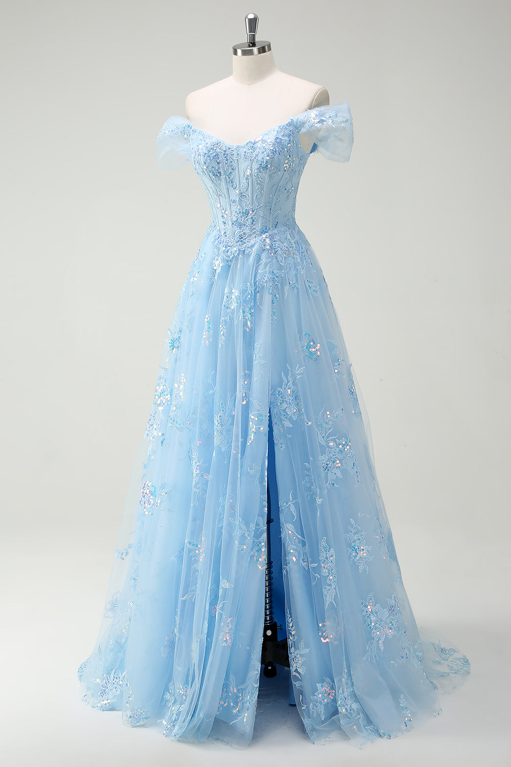 Sparkly Sky Blue Off The Shoulder A-Line Ball Dress with Slit