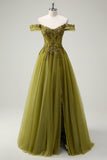 A-Line Army Green Off The Shoulder Long Ball Dress with Slit