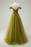 A-Line Army Green Off The Shoulder Long Ball Dress with Slit