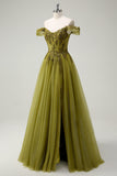 A-Line Army Green Off The Shoulder Long Ball Dress with Slit