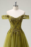 A-Line Army Green Off The Shoulder Long Ball Dress with Slit