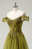 A-Line Army Green Off The Shoulder Long Ball Dress with Slit
