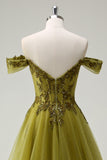 A-Line Army Green Off The Shoulder Long Ball Dress with Slit