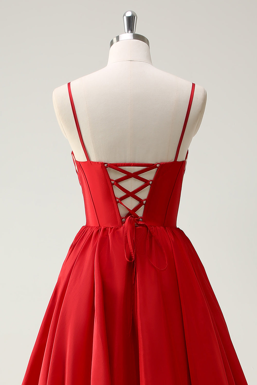 Red Ball-Gown Spaghetti Straps Lace Up Back Long Ball Dress with Slit