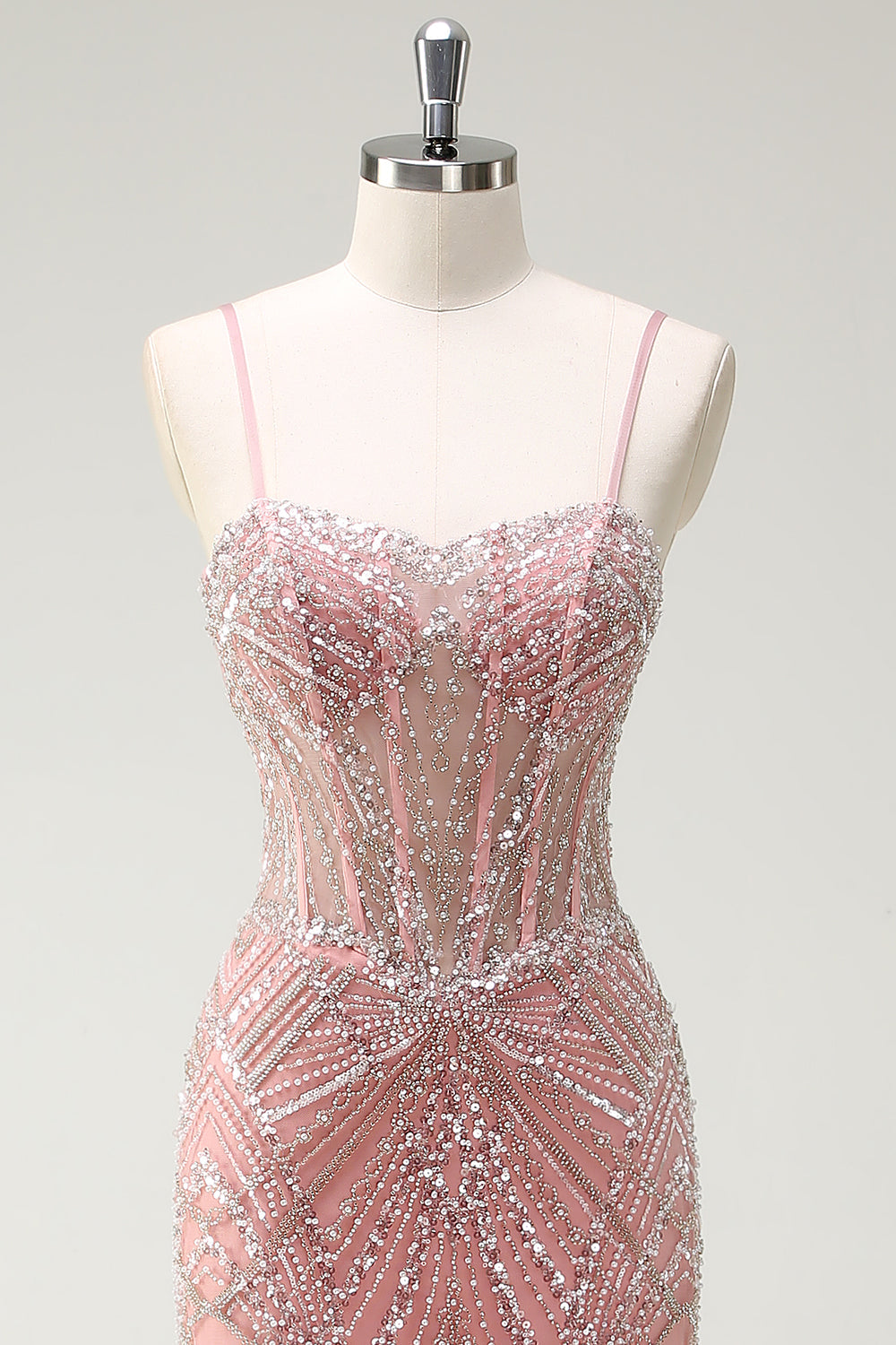 Sparkly Pink Mermaid Spaghetti Straps Corset Long Ball Dress