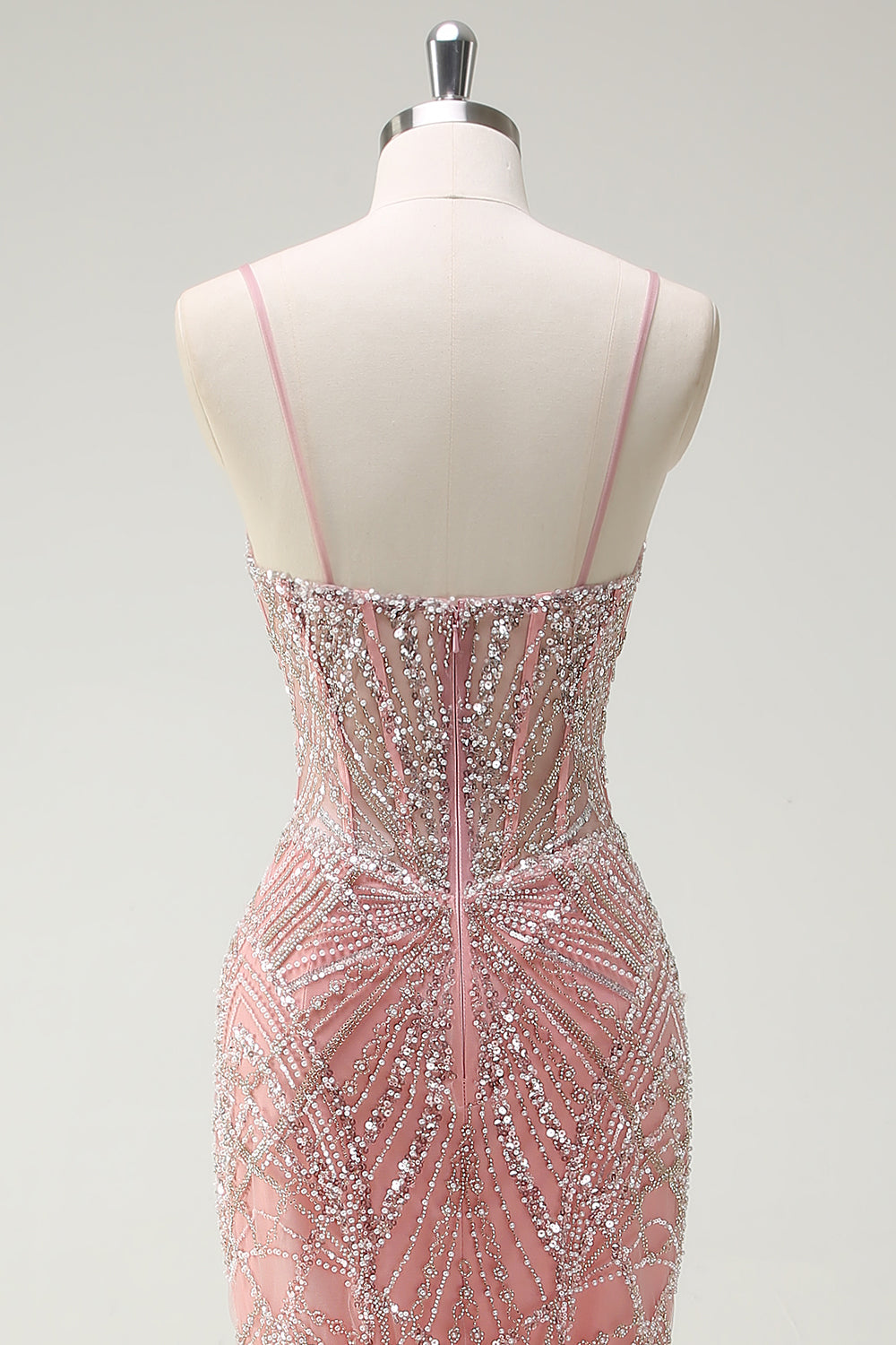 Sparkly Pink Mermaid Spaghetti Straps Corset Long Ball Dress