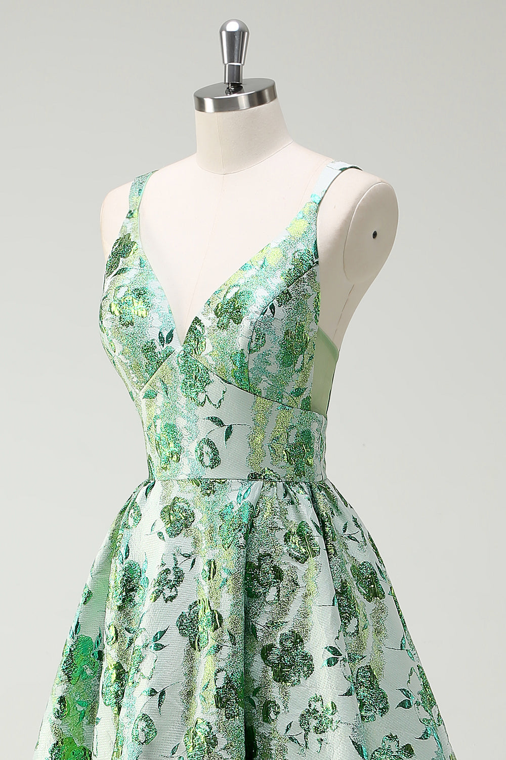 Sparkly Green Floral A-Line Spaghetti Straps Long Ball Dress