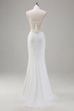 White Mermaid Spaghetti Straps Corset Long Ball Dress with Lace Up Back