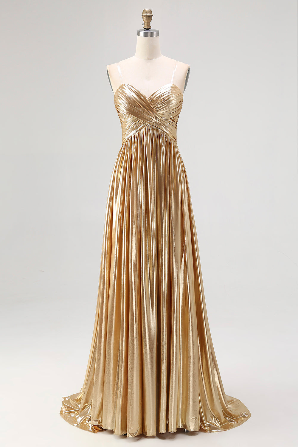 Strapless Gold A Line Satin Pleated Long Prom Dress
