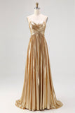 Strapless Gold A Line Satin Pleated Long Prom Dress