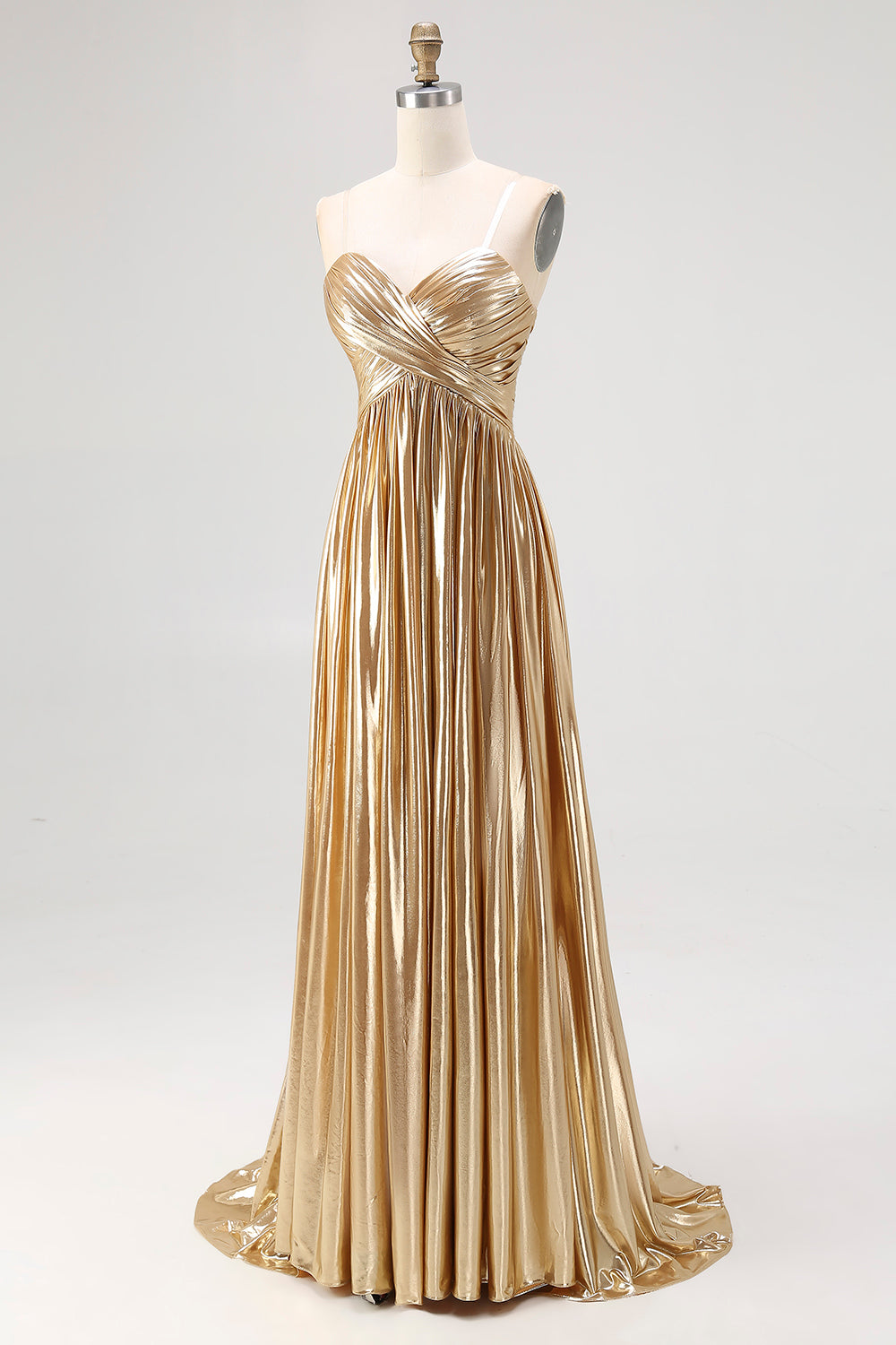 Strapless Gold A Line Satin Pleated Long Prom Dress
