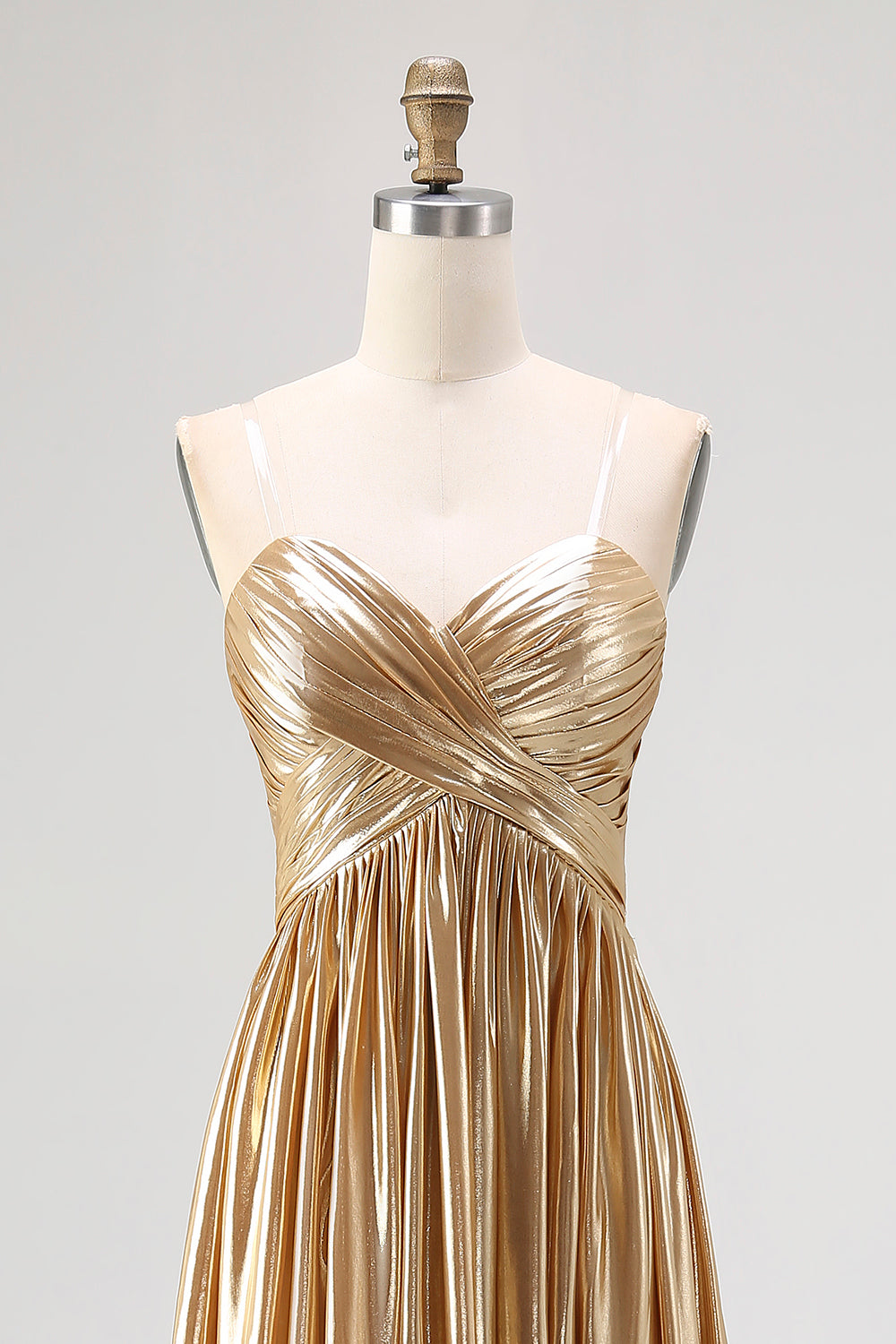 Strapless Gold A Line Satin Pleated Long Prom Dress